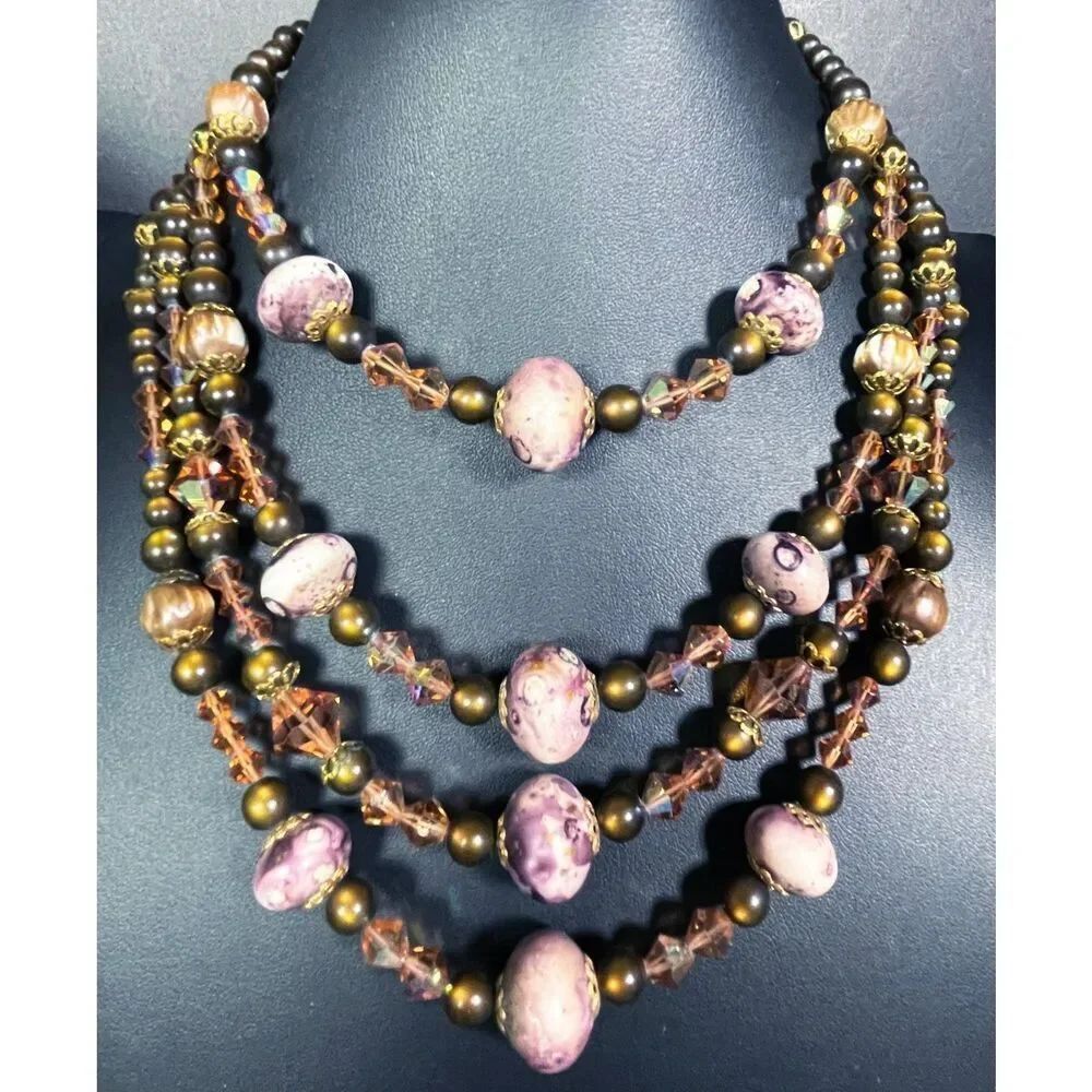 Gorgeous Vintage 60s Quadruple Strand Brown Tiger's Eye Purple AB Crystal 21in 0
